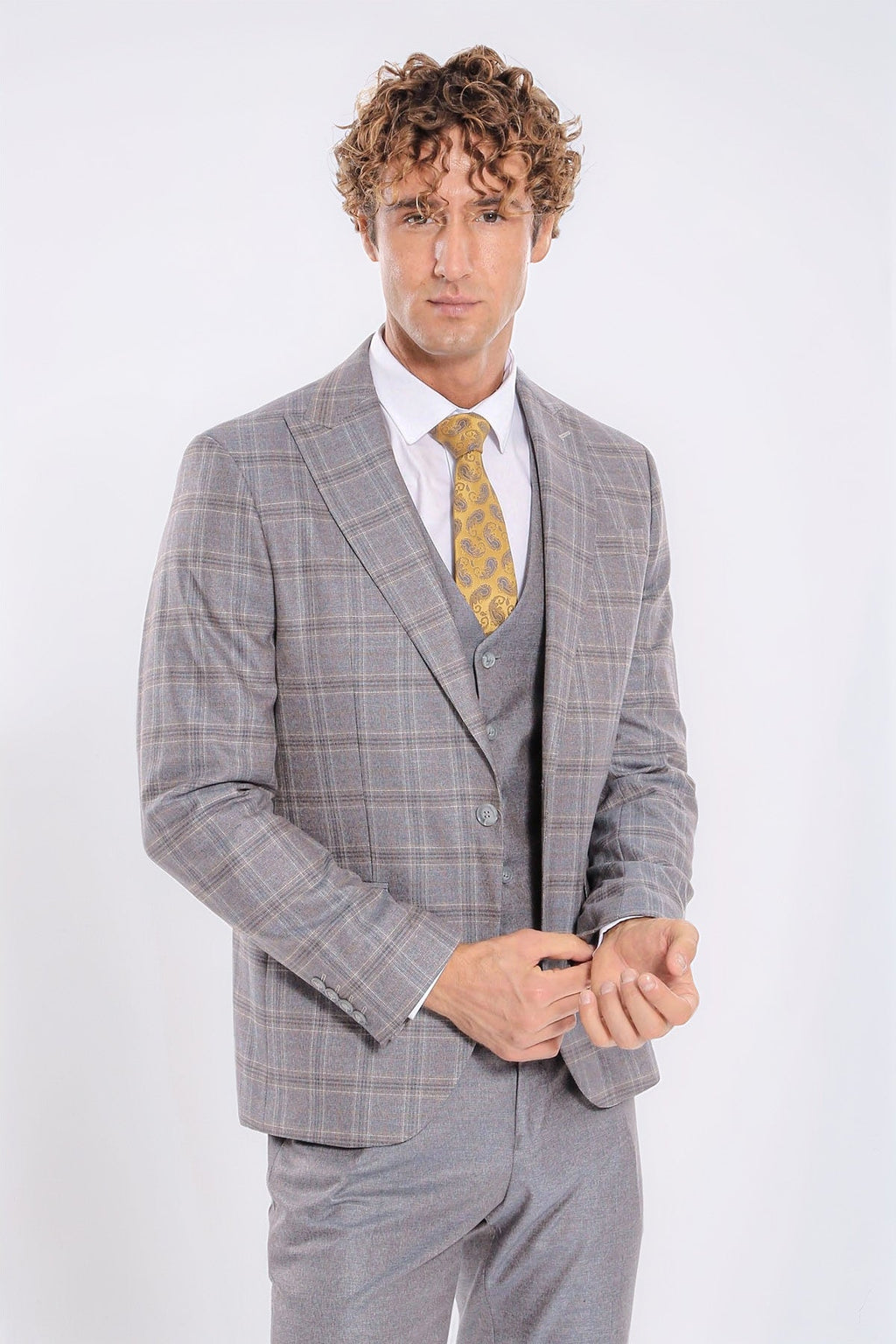 Checked Slim Fit Light Blue Men Suit – front view