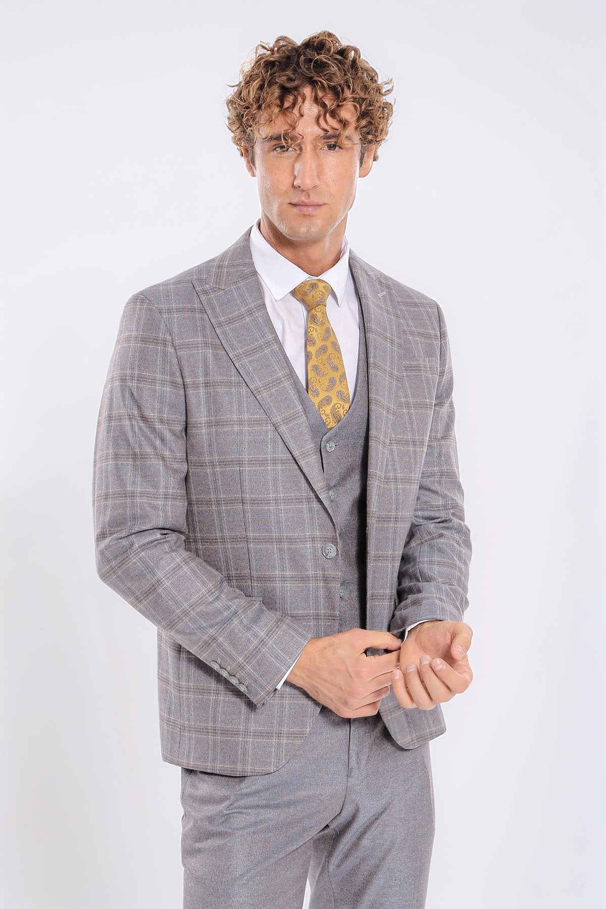 Checked Slim Fit Light Blue Men Suit – front view