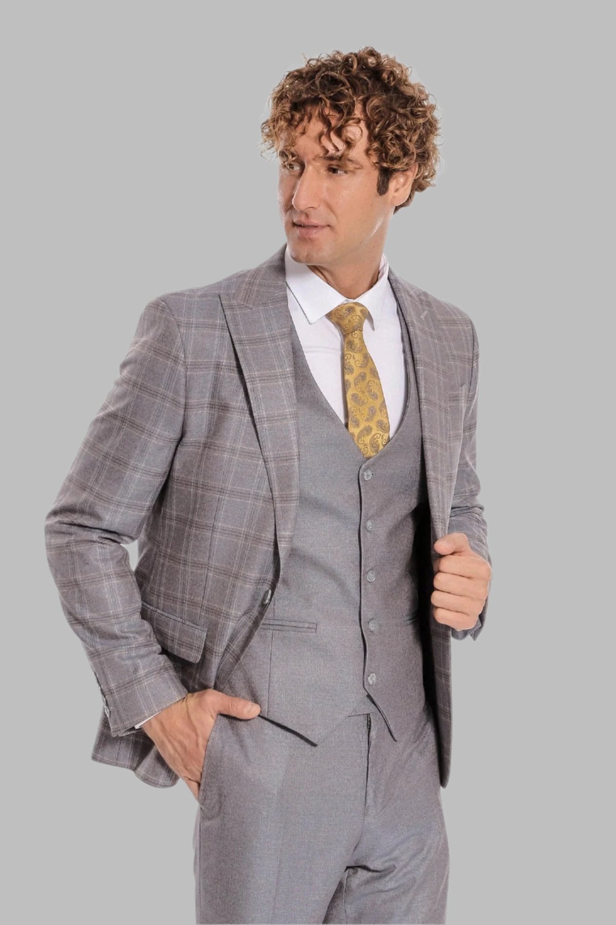 Checked Slim Fit Light Blue Men Suit – side view