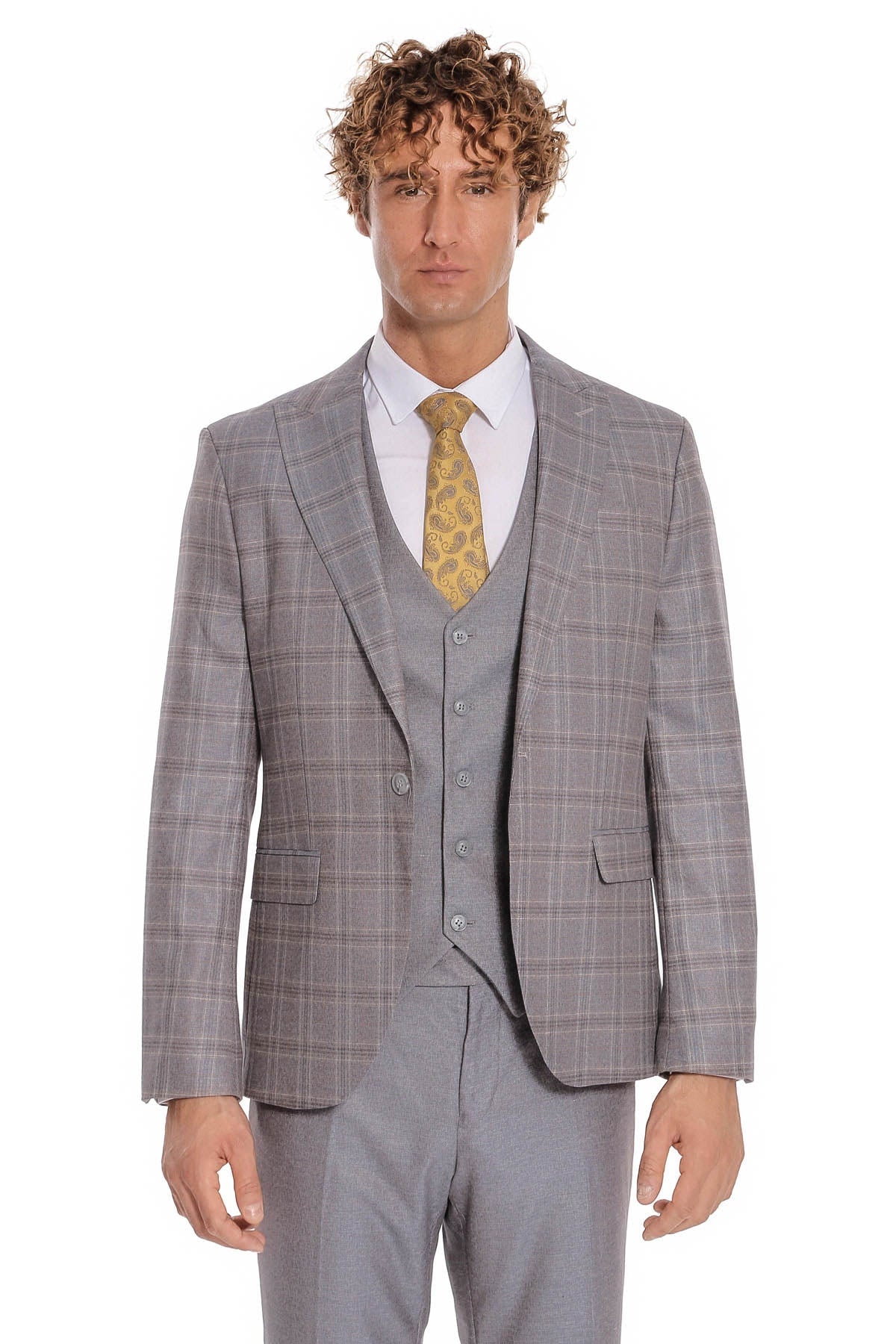Checked Slim Fit Light Blue Men Suit – styled view
