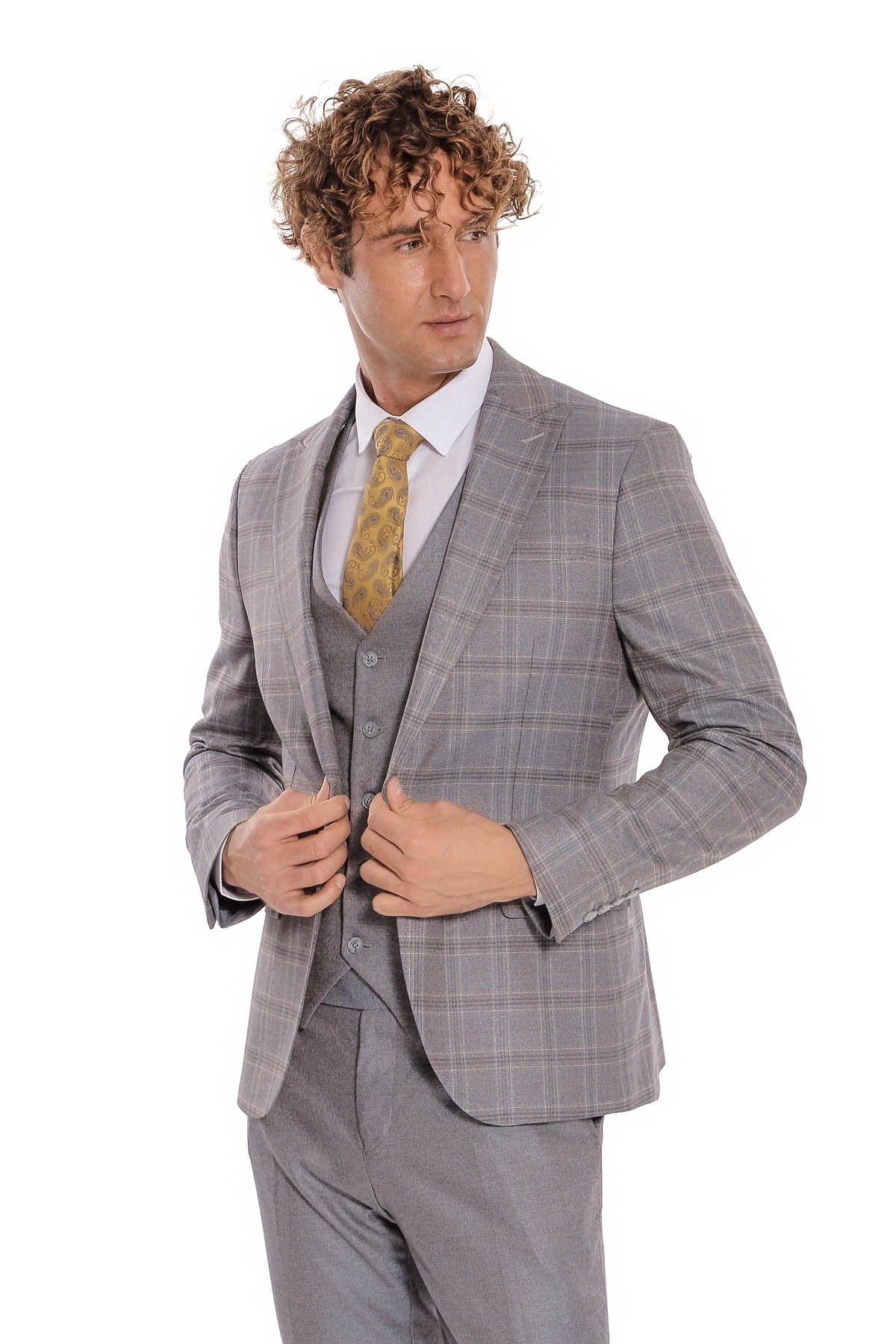 Checked Slim Fit Light Blue Men Suit – close up view