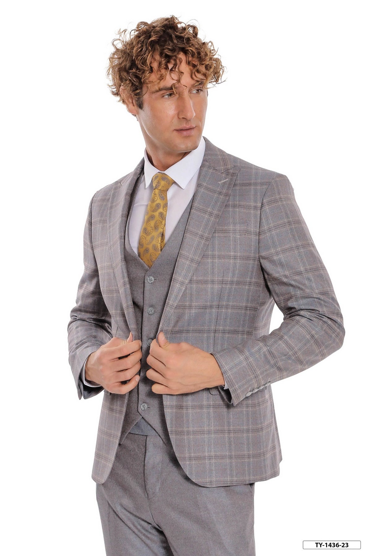 Checked Slim Fit Light Blue Men Suit – fabric detail view