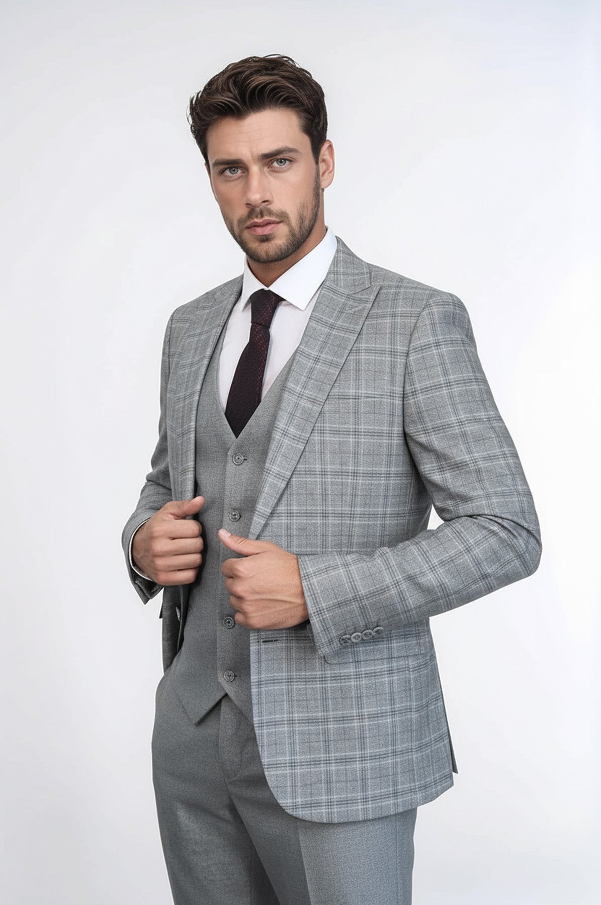 Checked Slim Fit Light Grey Men Suit by Wessi – front view