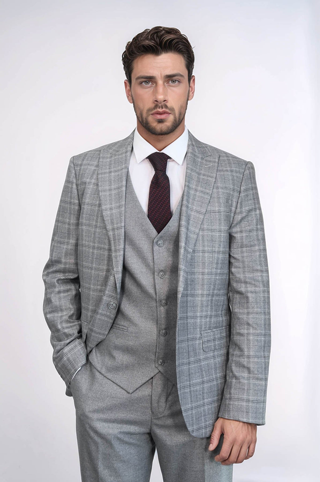 Checked Slim Fit Light Grey Men Suit by Wessi – side view