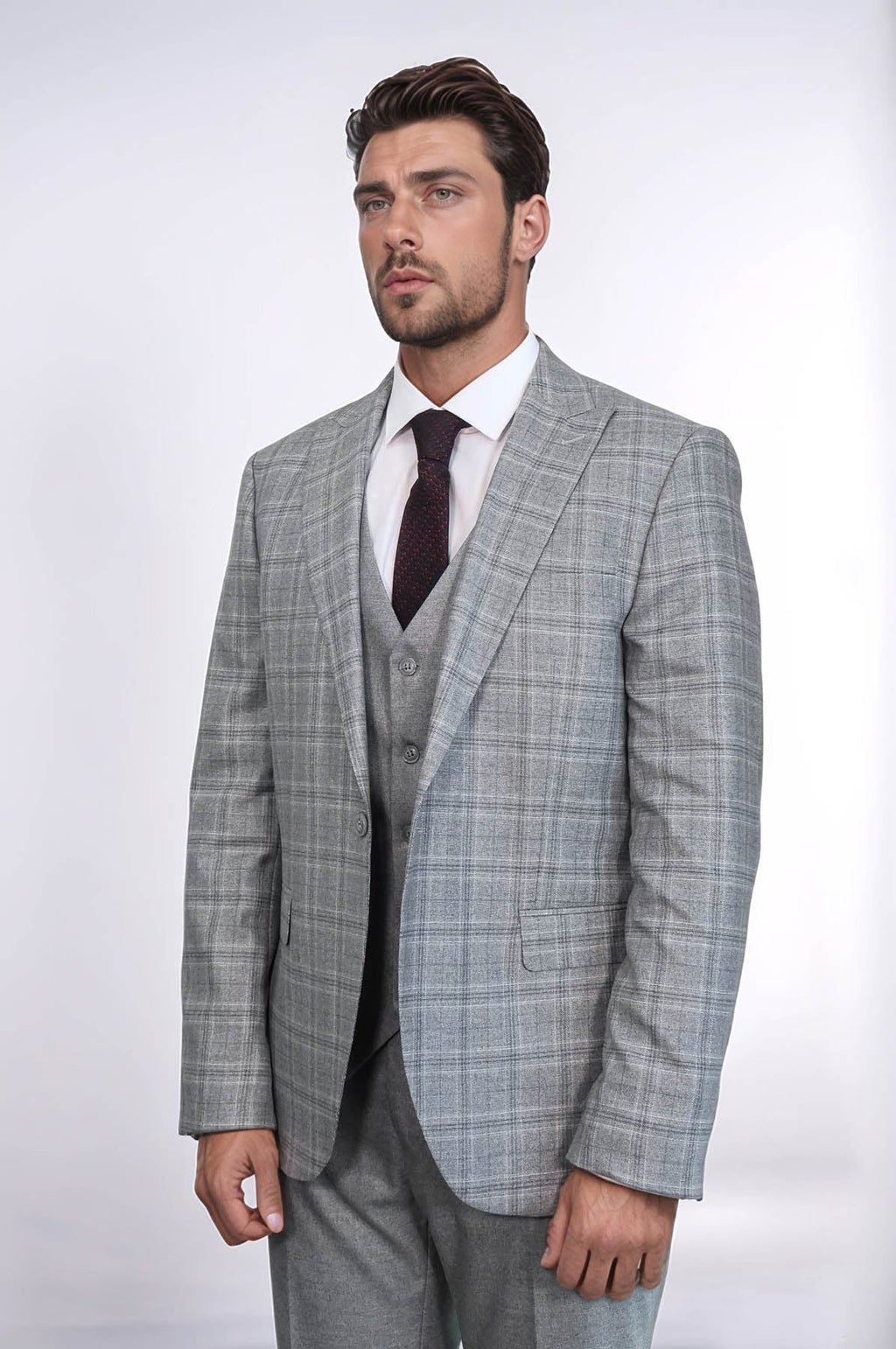 Checked Slim Fit Light Grey Men Suit by Wessi – styled view