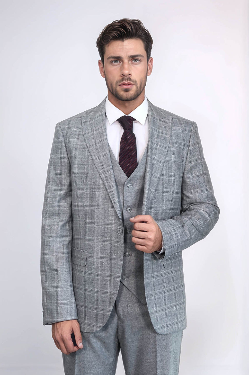 Checked Slim Fit Light Grey Men Suit by Wessi – full look view