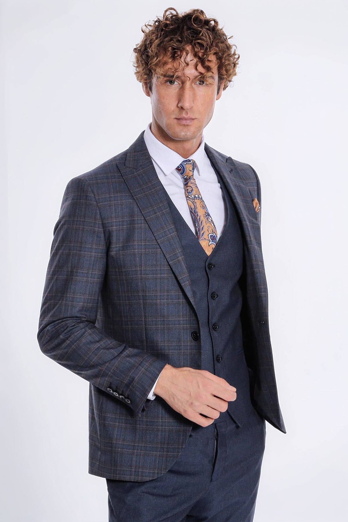 Checked Slim Fit Navy Blue Men Suit by Wessi – front view