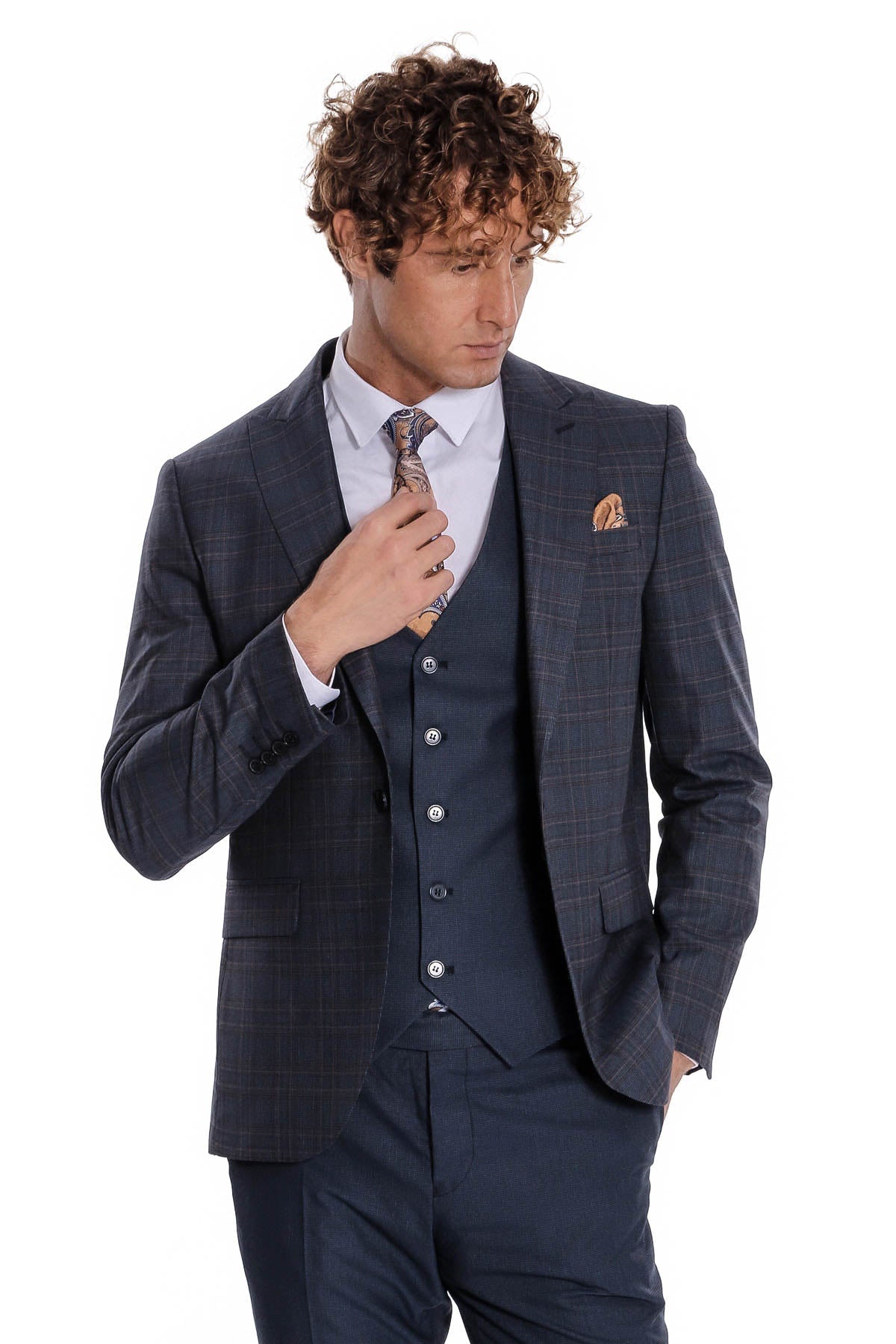 Checked Slim Fit Navy Blue Men Suit by Wessi – side view