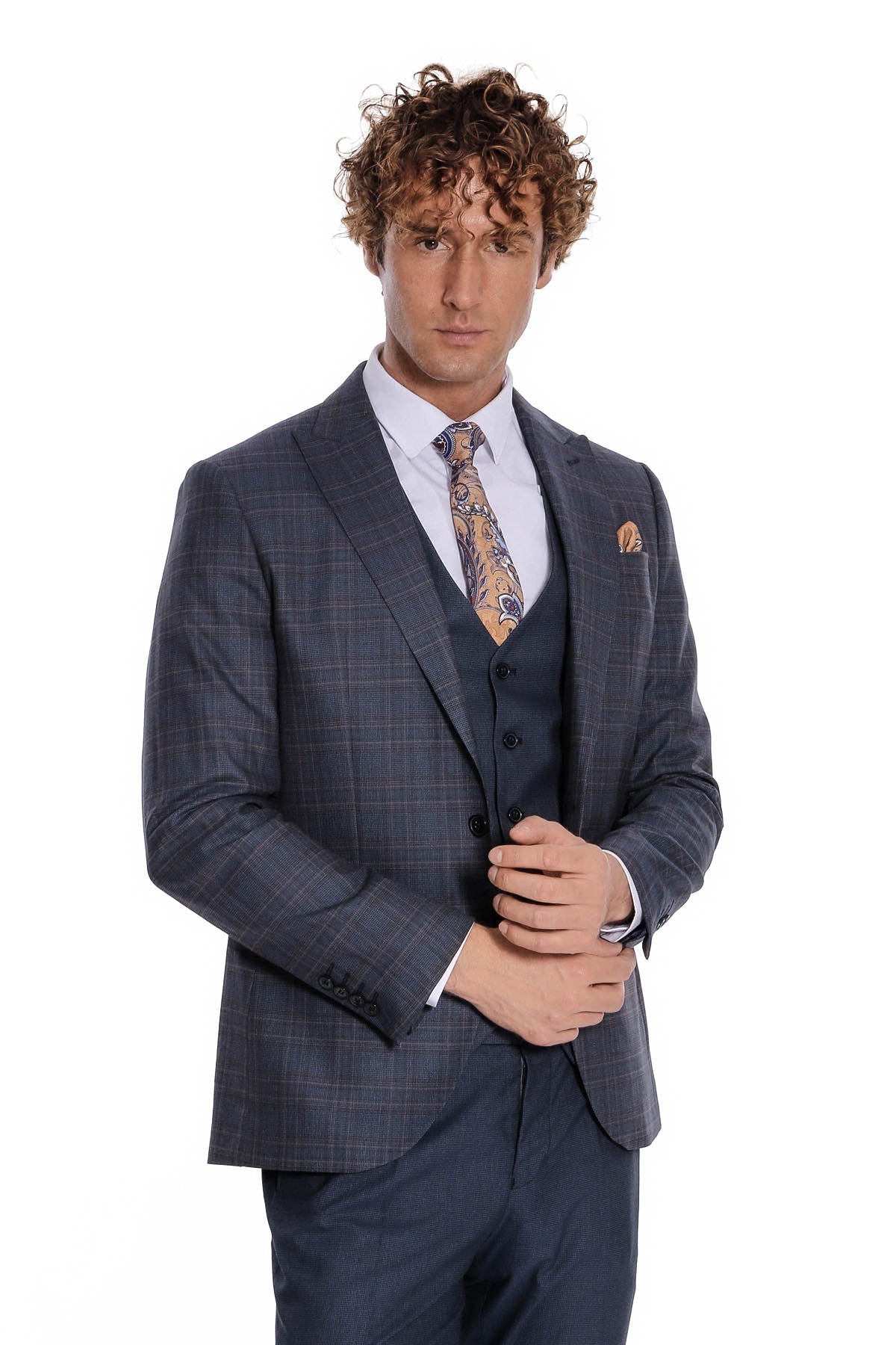 Checked Slim Fit Navy Blue Men Suit by Wessi – styled view