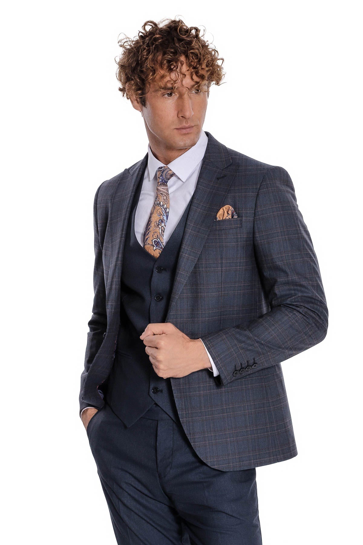 Checked Slim Fit Navy Blue Men Suit by Wessi – close up view
