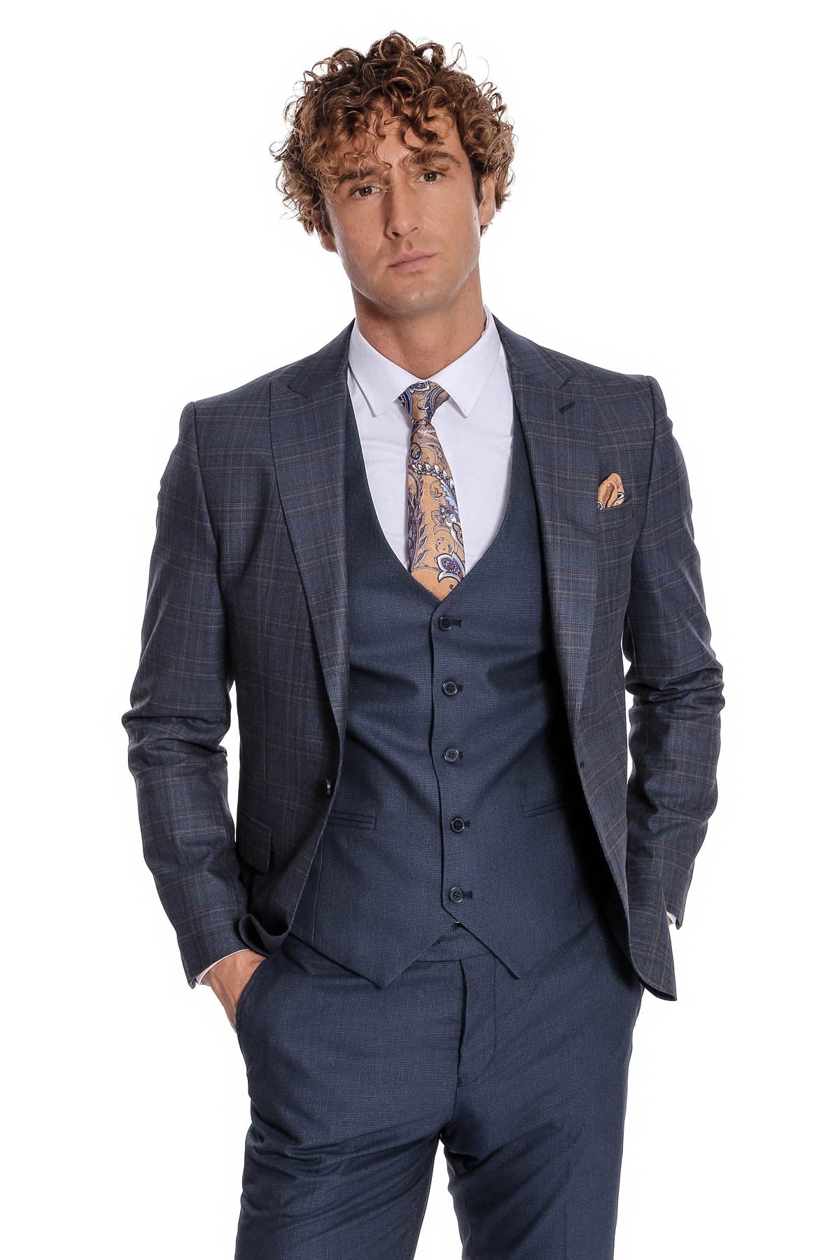 Checked Slim Fit Navy Blue Men Suit by Wessi – full look view