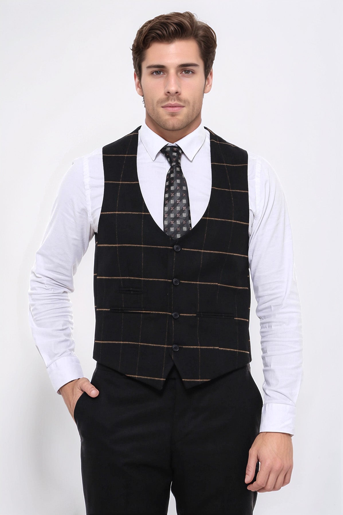 Checked V Neck Black Vest by Wessi – front view