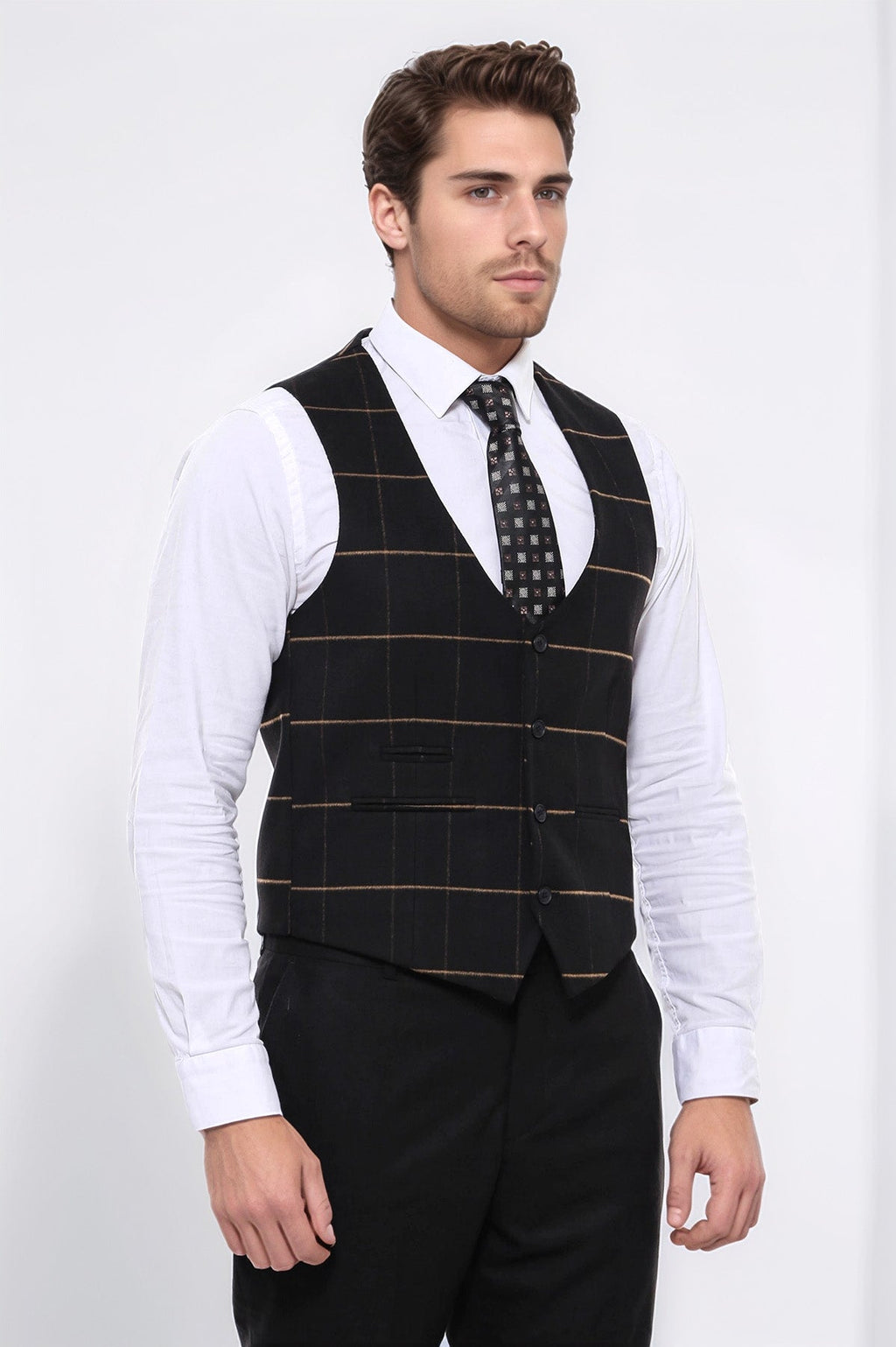 Checked V Neck Black Vest by Wessi – styled view
