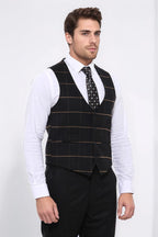 Checked V Neck Black Vest by Wessi – styled view