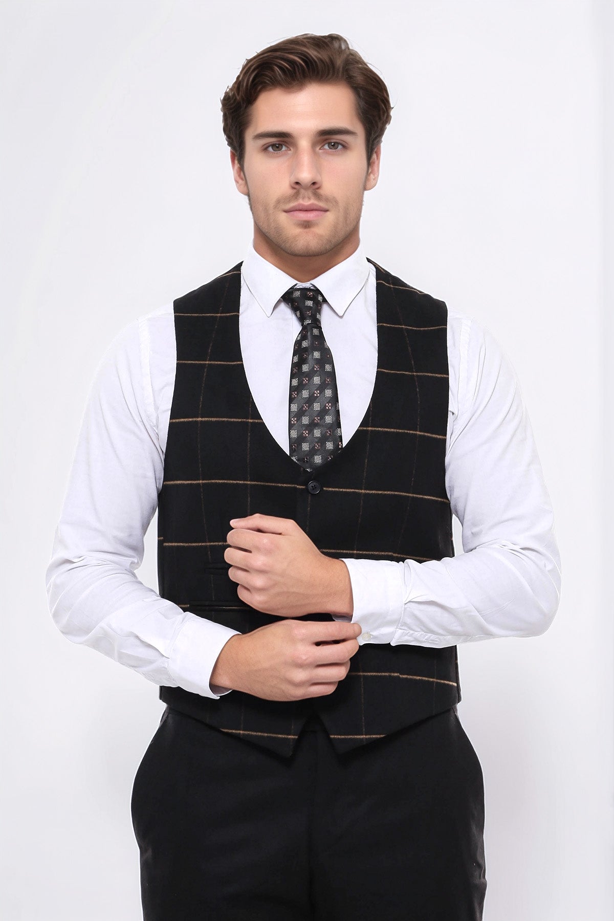 Checked V Neck Black Vest by Wessi – close up view
