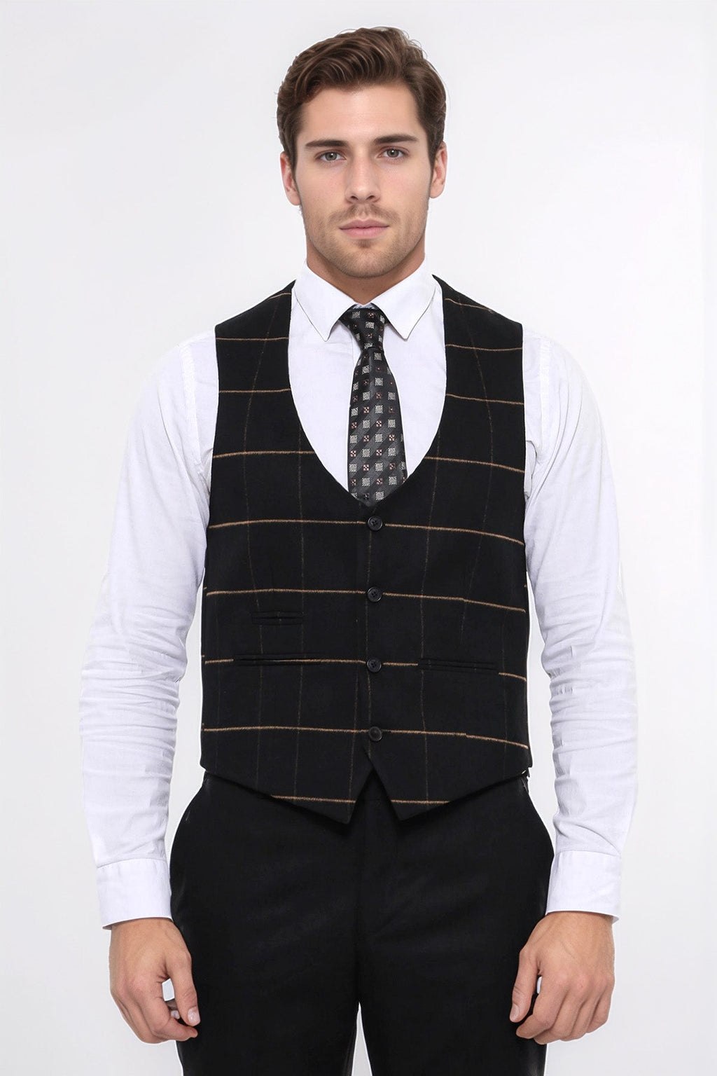 Checked V Neck Black Vest by Wessi – full look view