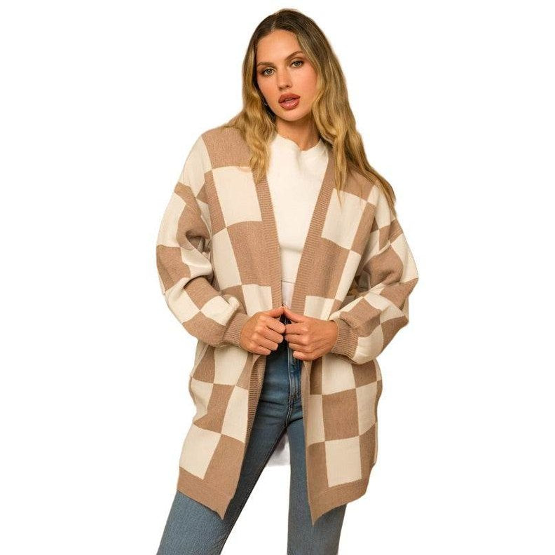 Checker Graphic Sweater Cardigan - VacationGrabs