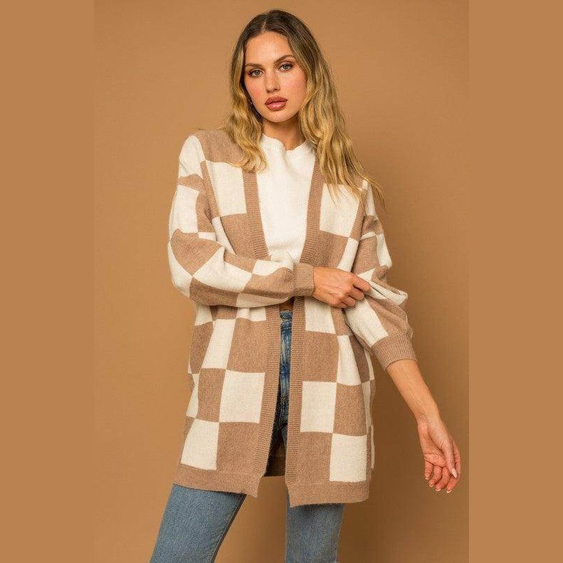 Checker Graphic Sweater Cardigan - VacationGrabs