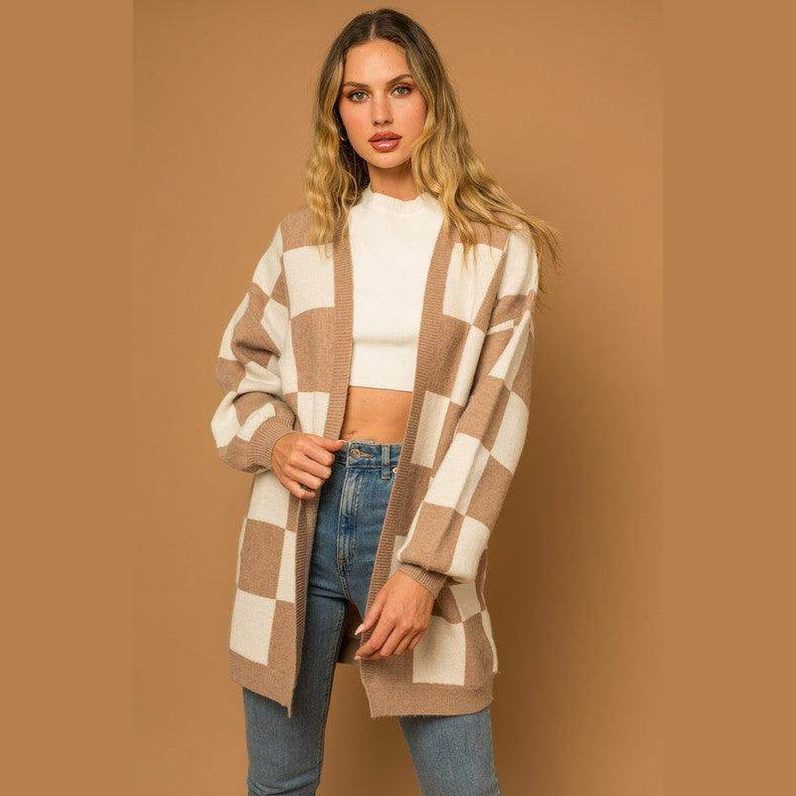 Checker Graphic Sweater Cardigan - VacationGrabs