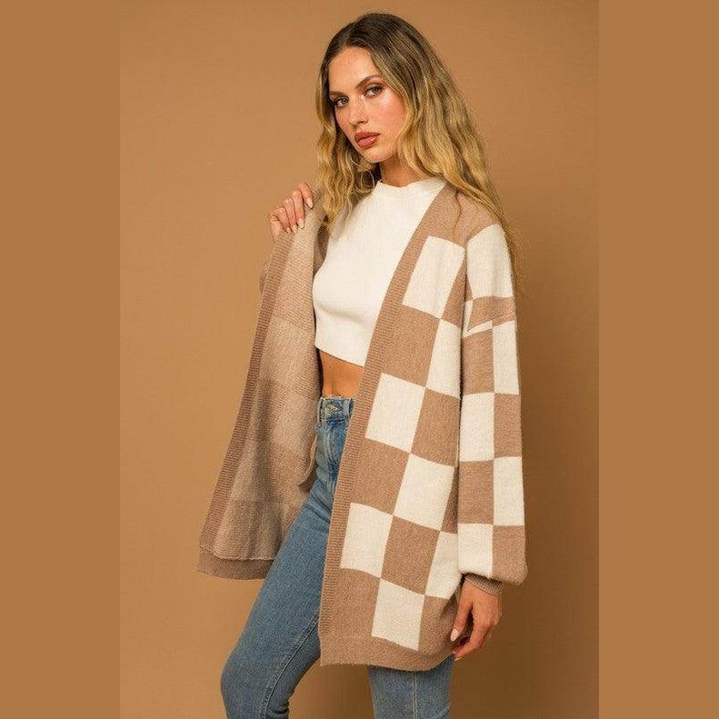 Checker Graphic Sweater Cardigan - VacationGrabs