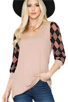 Acting Pro checker pattern women's top in beige with stylish black and pink sleeves