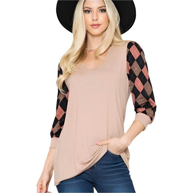 Acting Pro checker pattern women's top in beige with stylish black and pink sleeves