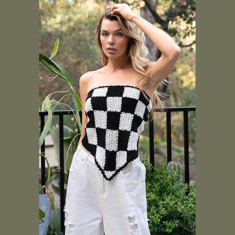 Checkerboard Pattern Tube Top Sweater - VacationGrabs