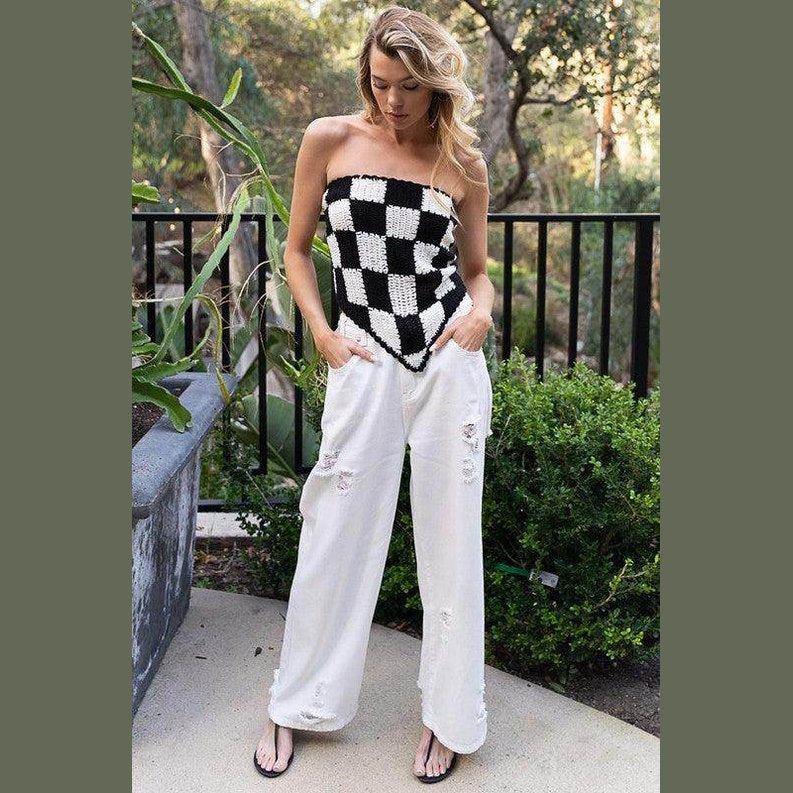 Checkerboard Pattern Tube Top Sweater - VacationGrabs