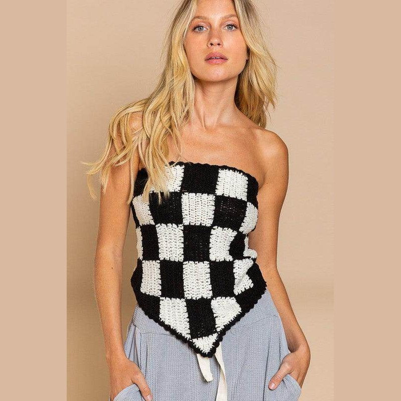 Checkerboard Pattern Tube Top Sweater - VacationGrabs