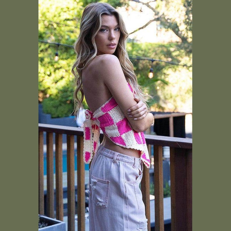 Checkerboard Pattern Tube Top Sweater - VacationGrabs