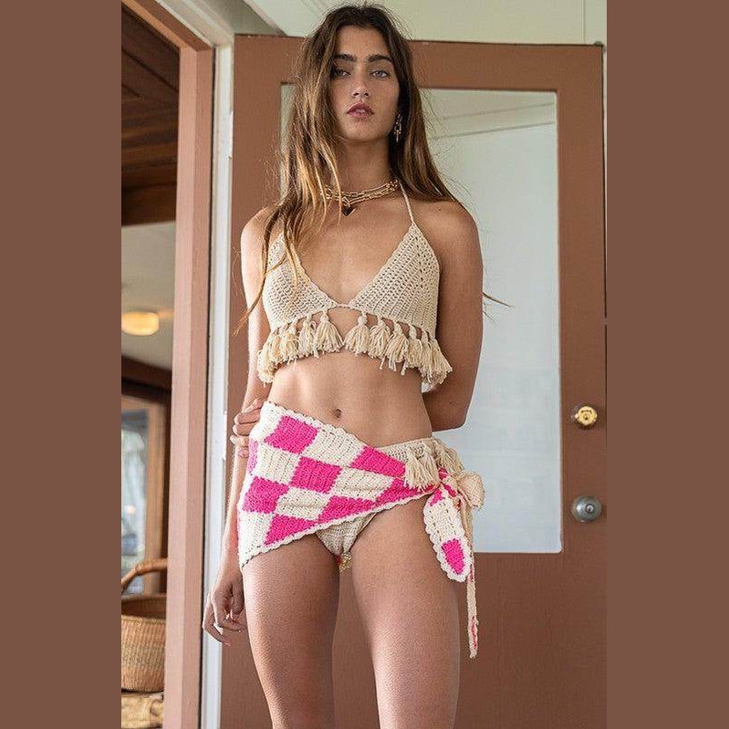 Checkerboard Pattern Tube Top Sweater - VacationGrabs