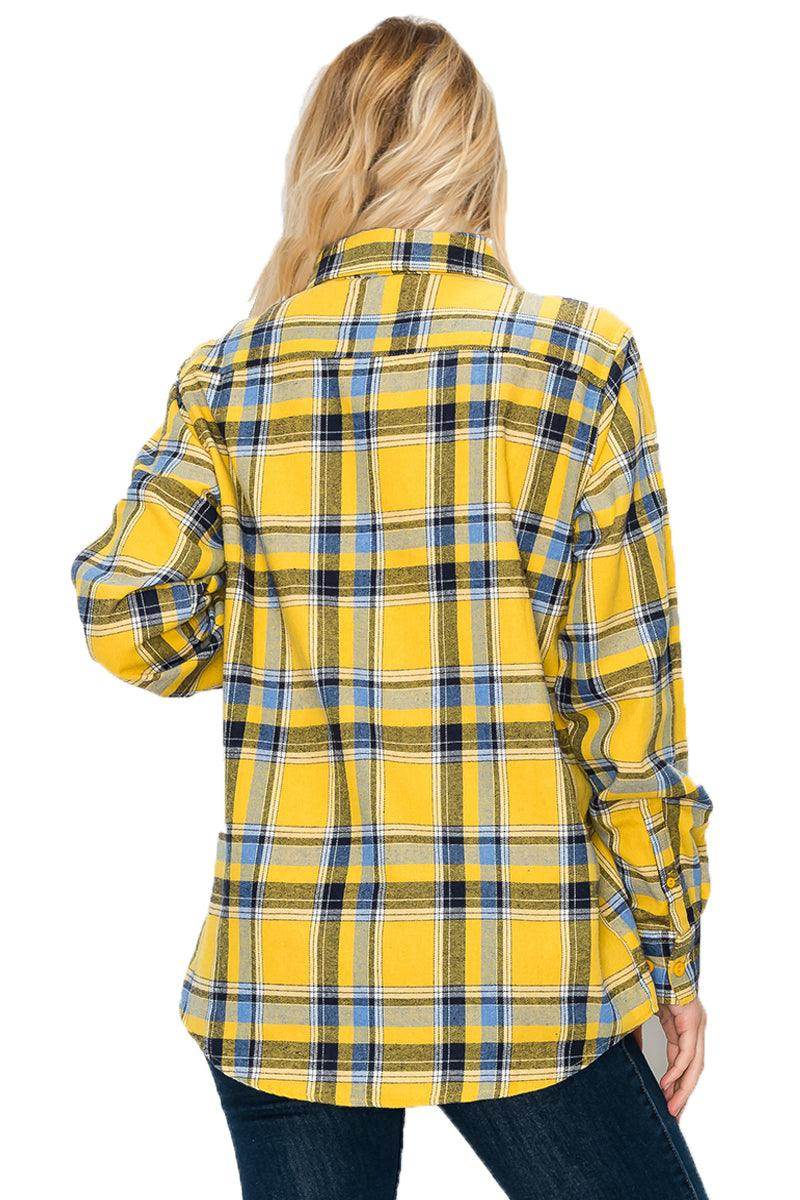 Women's yellow and blue checkered flannel for vacation with a relaxed fit and button-down design