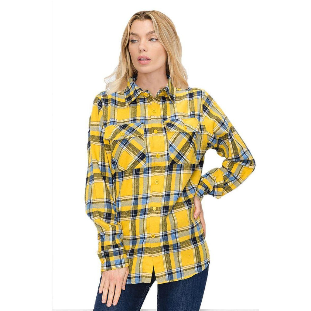 Yellow and blue checkered flannel shirt for vacation with button front and chest pockets