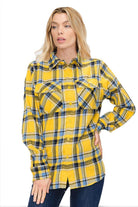 Yellow and blue checkered flannel shirt for vacation with button front and chest pockets