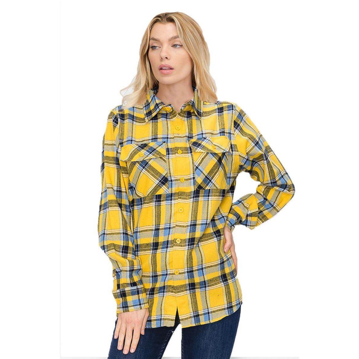 Yellow and blue checkered flannel shirt for vacation with button front and chest pockets