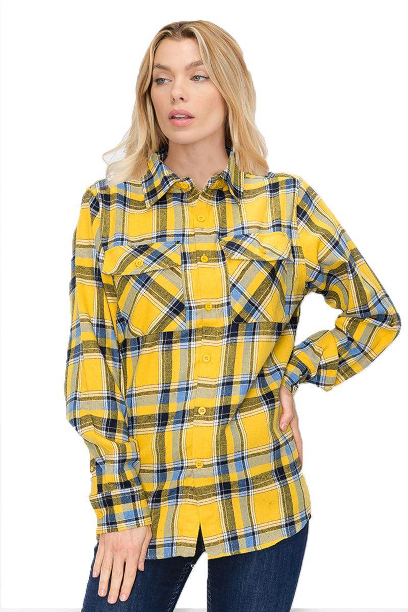 Yellow and blue checkered flannel shirt for vacation with button front and chest pockets
