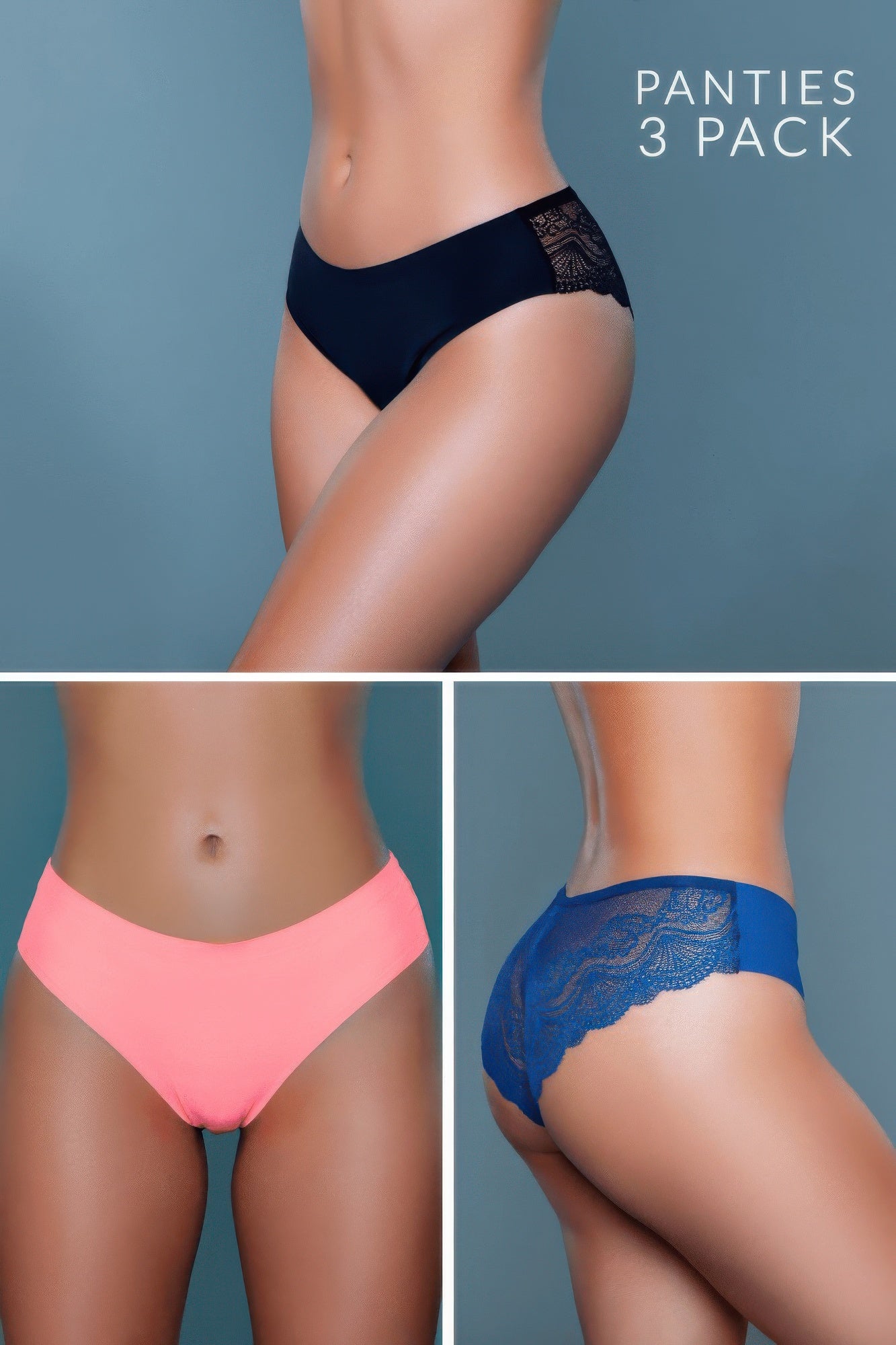 Cheeky panty pack for women in black, coral, and blue lace detail