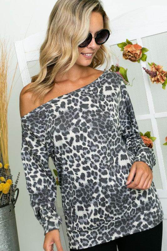 e Luna Cheetah Print One Shoulder Top in Gray with Long Sleeves for a Stylish Look