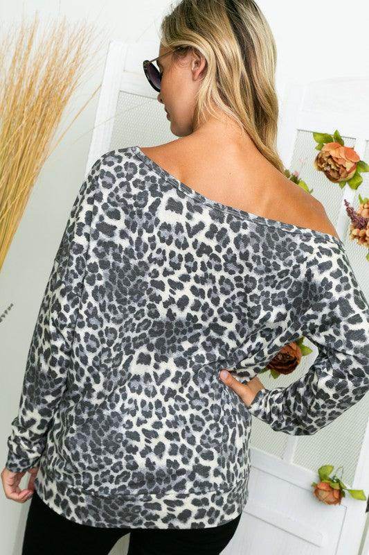 Cheetah Print One Shoulder Top in grey and black with a relaxed fit for a trendy casual look