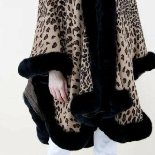 Women's Coats & Jackets Cheetah Print Ruana with Faux Fur Trim Coat