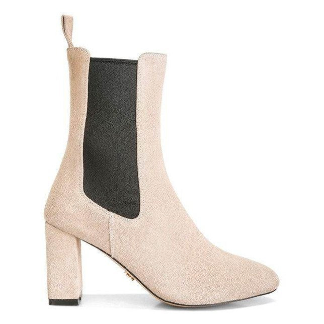 Women's beige suede Chelsea boot boots with a chunky heel