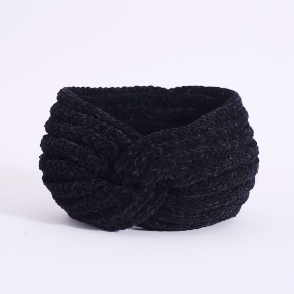 Bella Chic black chenille headband for women with a stylish twisted design for comfort and warmth