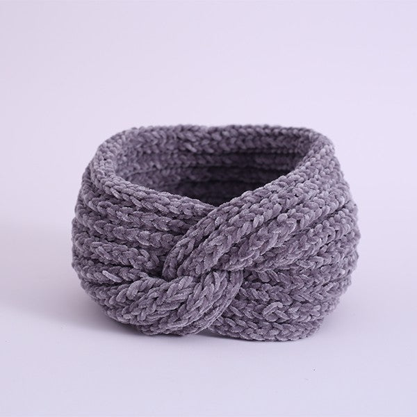 Soft gray chenille headband for women with stylish knot design, perfect for winter fashion