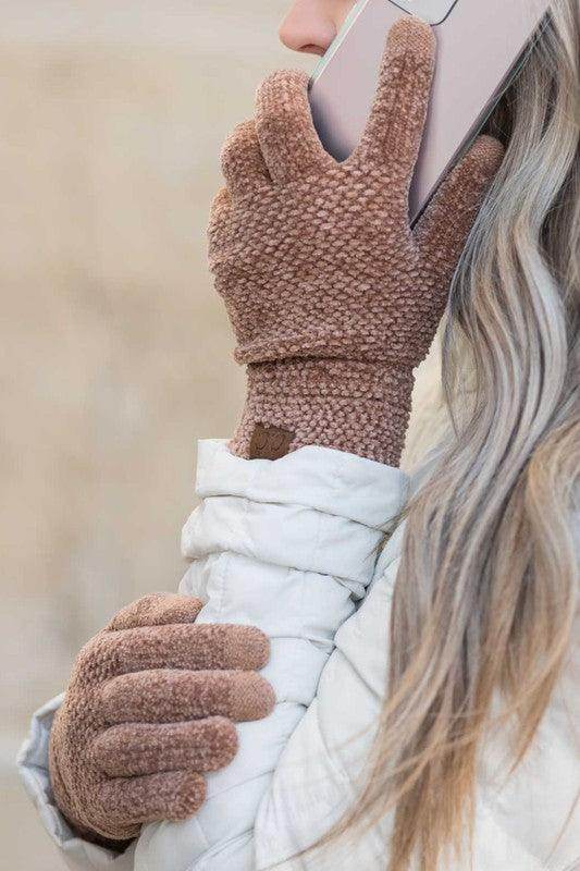 Aili's Corner women's chenille touch gloves in brown for smartphone use and warmth