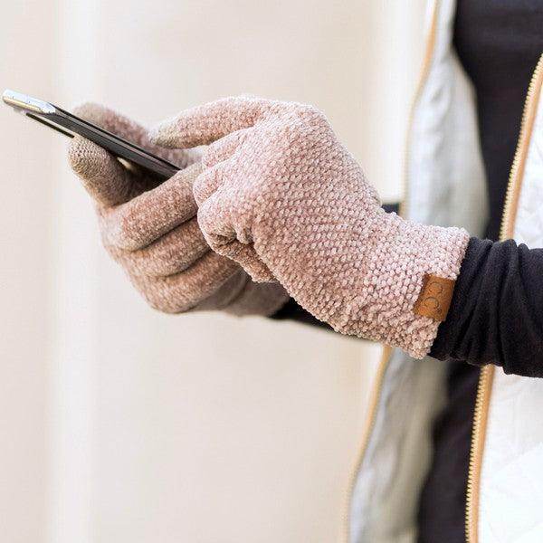 Aili's Corner chenille touch gloves in soft beige, perfect for texting in cold weather