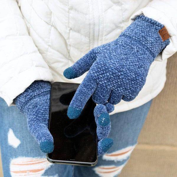 Aili's Corner chenille touch gloves in blue, perfect for smartphone use in cold weather