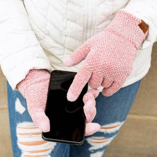 Aili's Corner women's chenille touch gloves in pink for smartphone use and warmth