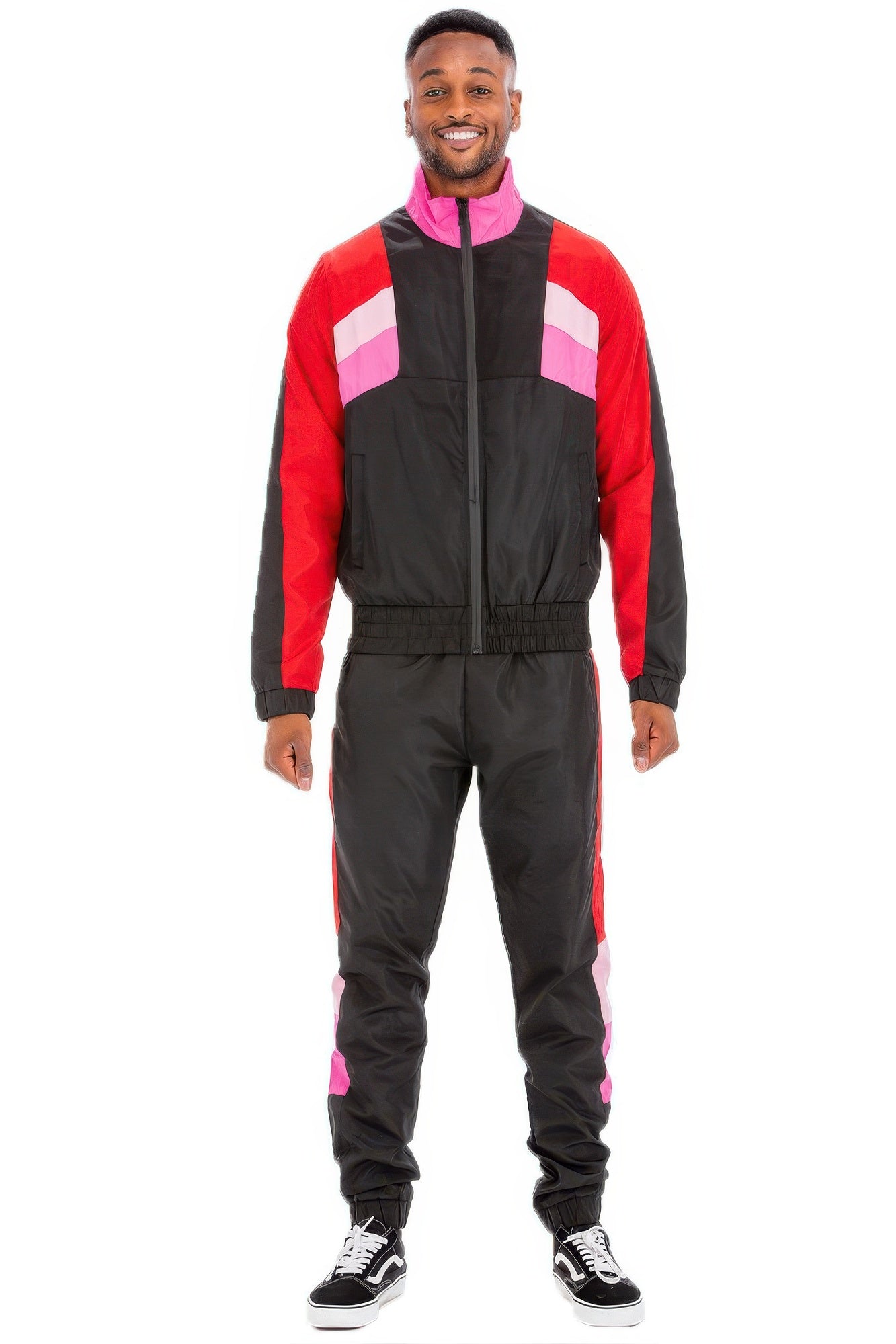 Chevron track suit for men in black, red, and pink with a stylish design for casual wear