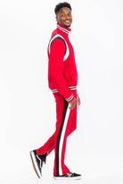Mens 2PC Track Set in Red with White and Black Stripes, featuring a sporty Chevy jacket set design
