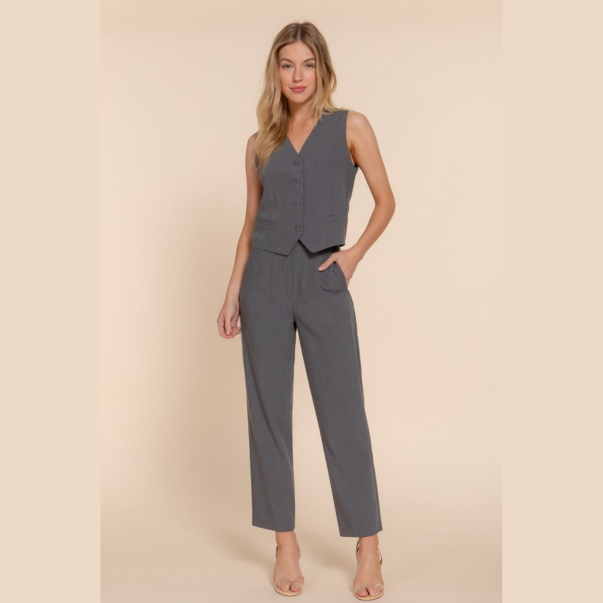 VacationGrabs chic high waisted dress pants for women in gray paired with matching vest